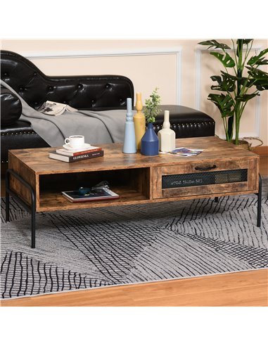 HOMCOM Industrial Coffee Table with Drawer and Open Storage Compartment, Rustic Brown