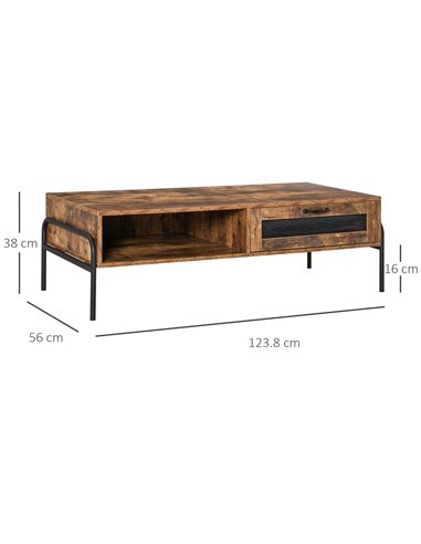 HOMCOM Industrial Coffee Table with Drawer and Open Storage Compartment, Rustic Brown