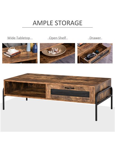 HOMCOM Industrial Coffee Table with Drawer and Open Storage Compartment, Rustic Brown