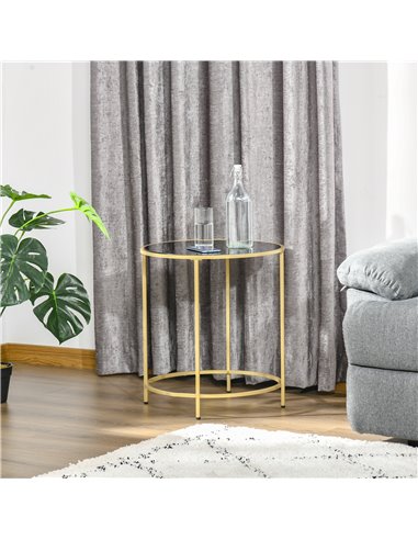 HOMCOM Ф47.5cm Morden Coffee Table with Gold Metal Base, Tempered Glass Tabletop