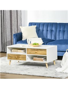 HOMCOM Rectangular Coffee Table with 2 Drawers and 2 Shelves, White and Brown 2