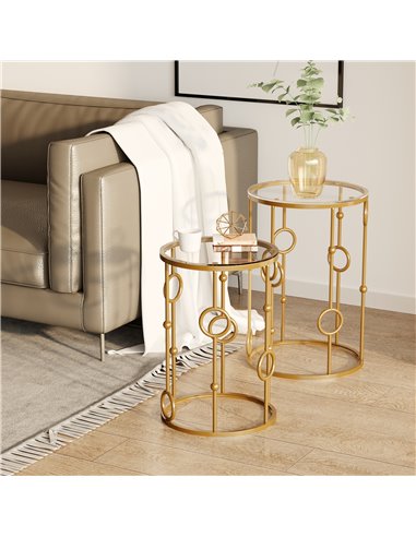 HOMCOM Round Coffee Tables Set of 2 with Tempered Glass Top, Steel Frame, Gold