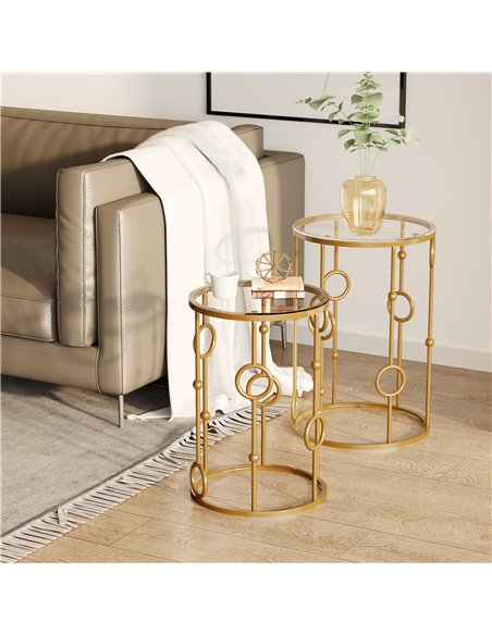 HOMCOM Round Coffee Tables Set of 2 with Tempered Glass Top, Steel Frame, Gold - pic 22282 | FastDaddyshop