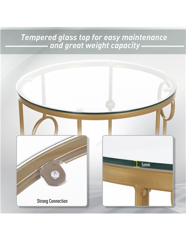 HOMCOM Round Coffee Tables Set of 2 with Tempered Glass Top, Steel Frame, Gold