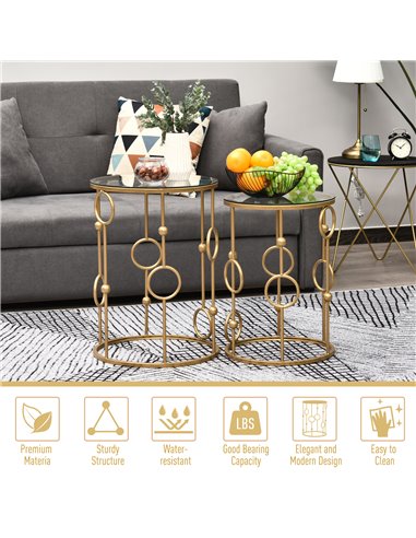 HOMCOM Round Coffee Tables Set of 2, Gold Nest of Tables with Tempered Glass Top, Steel Frame for Living Room, Gold