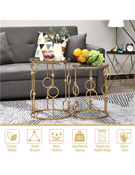 HOMCOM Round Coffee Tables Set of 2, Gold Nest of Tables with Tempered Glass Top, Steel Frame for Living Room, Gold - pic 22286 | FastDaddyshop