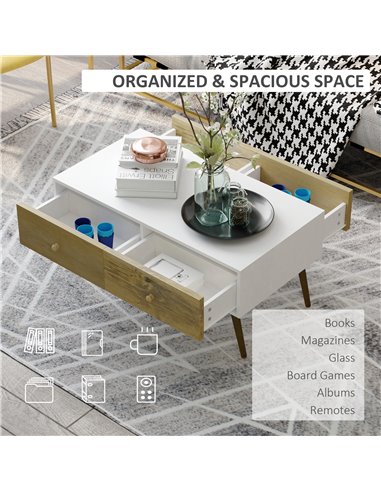 HOMCOM Functional Coffee Table with 4 Storage Drawers, Sofa Table, Natural Wood