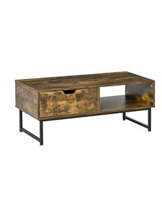 HOMCOM Industrial Coffee Table with Shelf, Drawer, Metal Frame, Rustic Brown