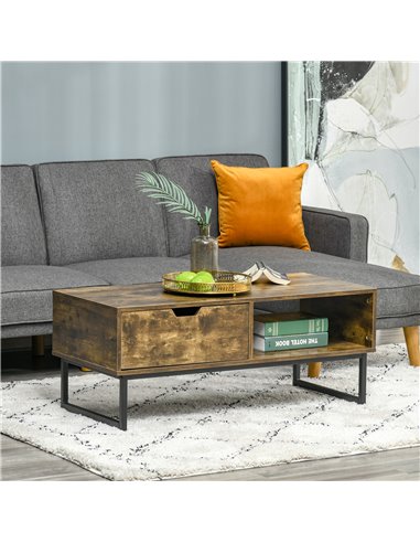 HOMCOM Industrial Coffee Table with Shelf, Drawer, Metal Frame, Rustic Brown
