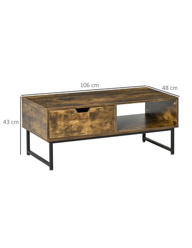 HOMCOM Industrial Coffee Table with Shelf, Drawer, Metal Frame, Rustic Brown