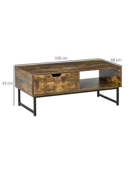 HOMCOM Industrial Coffee Table with Shelf, Drawer, Metal Frame, Rustic Brown - pic 22301 | FastDaddyshop