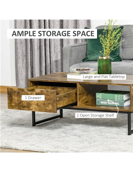 HOMCOM Industrial Coffee Table with Shelf, Drawer, Metal Frame, Rustic Brown - pic 22302 | FastDaddyshop
