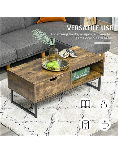 HOMCOM Industrial Coffee Table with Shelf, Drawer, Metal Frame, Rustic Brown