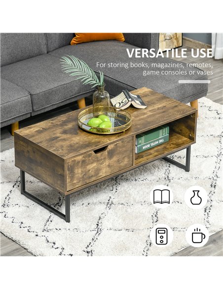 HOMCOM Industrial Coffee Table with Shelf, Drawer, Metal Frame, Rustic Brown - pic 22303 | FastDaddyshop