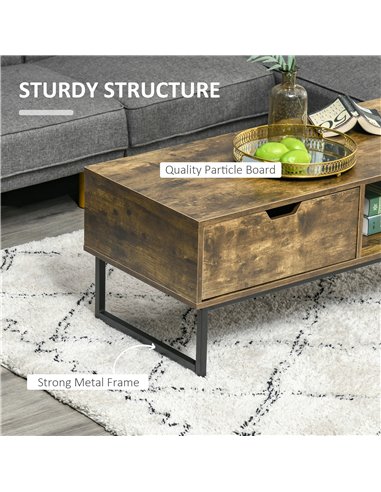 HOMCOM Industrial Coffee Table with Shelf, Drawer, Metal Frame, Rustic Brown