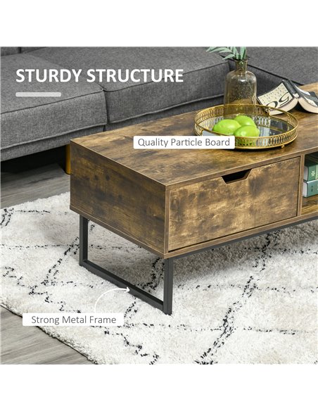 HOMCOM Industrial Coffee Table with Shelf, Drawer, Metal Frame, Rustic Brown - pic 22304 | FastDaddyshop