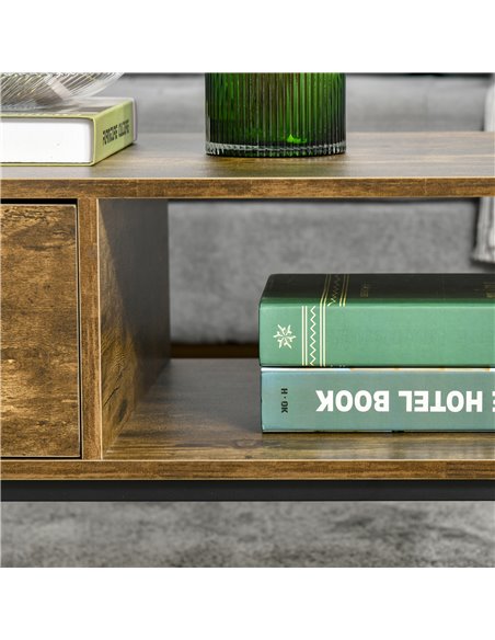 HOMCOM Industrial Coffee Table with Shelf, Drawer, Metal Frame, Rustic Brown - pic 22306 | FastDaddyshop