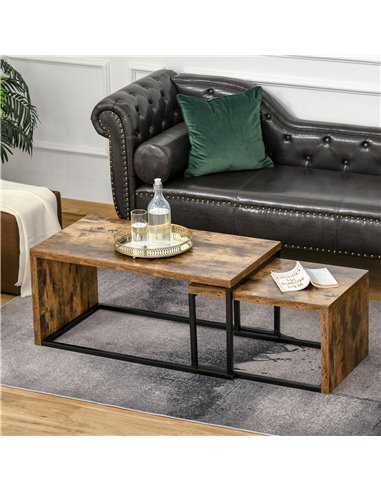 HOMCOM Set of 2 Industrial Style Coffee Tables with Metal Frame, Black & Brown