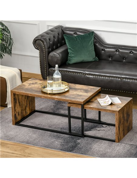 HOMCOM Set of 2 Industrial Style Coffee Tables with Metal Frame, Black & Brown - pic 22309 | FastDaddyshop