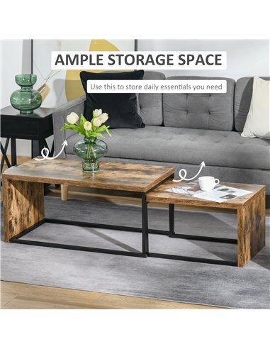 HOMCOM Set of 2 Industrial Style Coffee Tables with Metal Frame, Black & Brown
