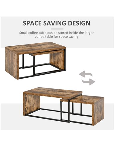 HOMCOM Set of 2 Industrial Style Coffee Tables with Metal Frame, Black & Brown