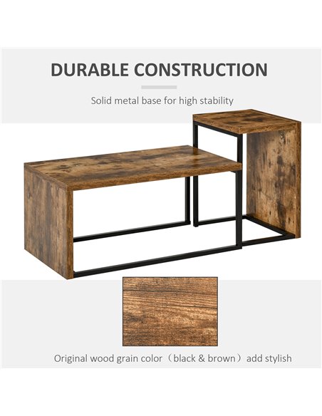 HOMCOM Set of 2 Coffee Tables Industrial Style Tea Table, Side Table w/ Metal Frame for Living Room Bedroom Black & Brown - pic 22313 | FastDaddyshop