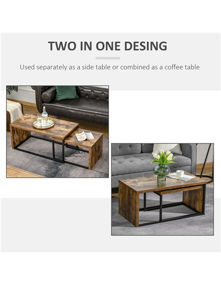 HOMCOM Set of 2 Coffee Tables Industrial Style Tea Table, Side Table w/ Metal Frame for Living Room Bedroom Black & Brown - pic 22314 | FastDaddyshop