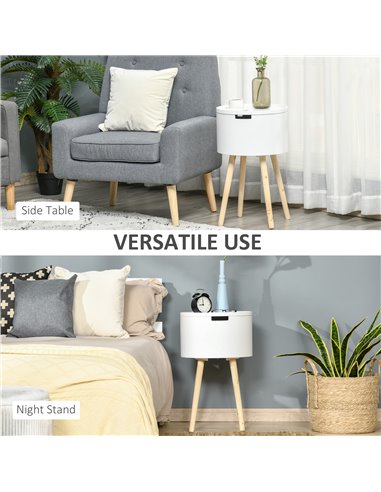 HOMCOM Modern Side Table with Hidden Storage Space, Round Night Stand with Removable Tray Wood Frame End Coffee Table, White