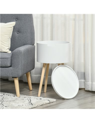 HOMCOM Modern Side Table with Hidden Storage Space, Round Night Stand with Removable Tray Wood Frame End Coffee Table, White