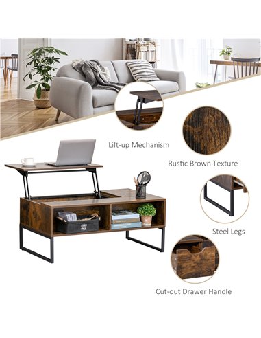 HOMCOM Extendable Coffee Table Lift Top Desk w/ Hidden Storage Compartment Drawer Metal Frame - Brown