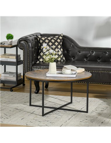 HOMCOM Industrial Round Coffee Table with Metal Frame, Large Tabletop, Rustic Brown