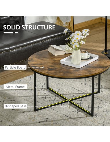 HOMCOM Industrial Round Coffee Table with Metal Frame, Large Tabletop, Rustic Brown