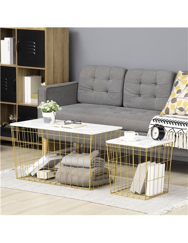 HOMCOM Coffee Table Set of 2 with Wire Storage Basket, Faux Marble Top, White and Gold