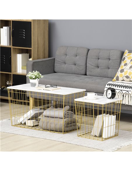 HOMCOM Coffee Table Set of 2 with Wire Storage Basket, Faux Marble Top, White and Gold - pic 22389 | FastDaddyshop