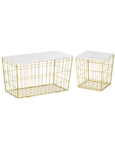 HOMCOM Coffee Table Set of 2 with Wire Storage Basket, Faux Marble Top, White and Gold