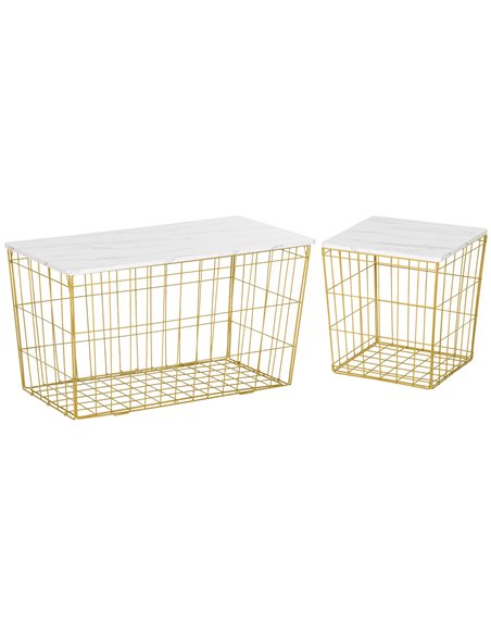 HOMCOM Coffee Table Set of 2 with Wire Storage Basket, Faux Marble Top, White and Gold - pic 22390 | FastDaddyshop