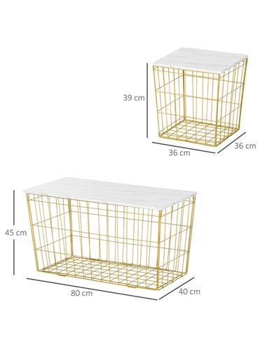 HOMCOM Coffee Table Set of 2 with Wire Storage Basket, Faux Marble Top, White and Gold
