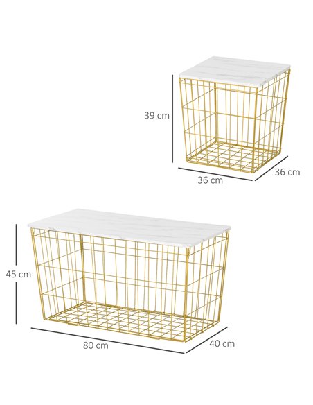 HOMCOM Coffee Table Set of 2 with Wire Storage Basket, Faux Marble Top, White and Gold - pic 22391 | FastDaddyshop