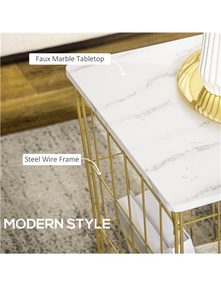 HOMCOM Coffee Table Set of 2 with Wire Storage Basket, Faux Marble Top, White and Gold - pic 22392 | FastDaddyshop