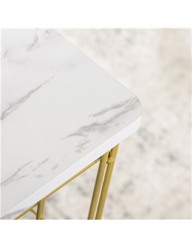 HOMCOM Coffee Table Set of 2 with Wire Storage Basket, Faux Marble Top, White and Gold