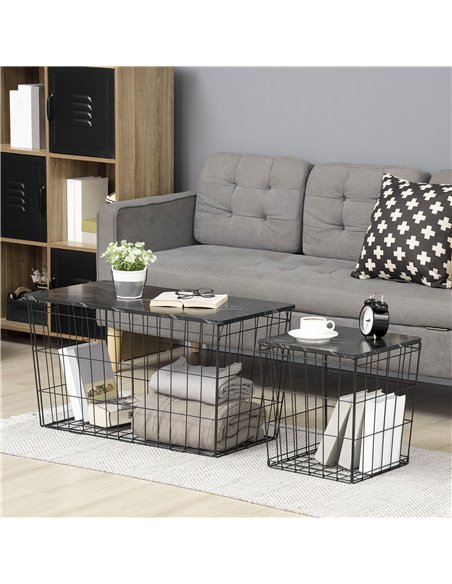 HOMCOM Coffee Table Set of 2 with Wire Storage Basket, Faux Marble Top, Black - pic 22398 | FastDaddyshop