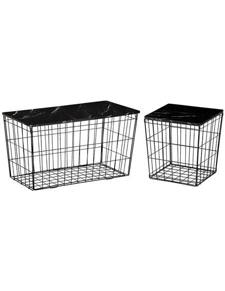 HOMCOM Coffee Table Set of 2 with Wire Storage Basket, Faux Marble Top, Black - pic 22399 | FastDaddyshop