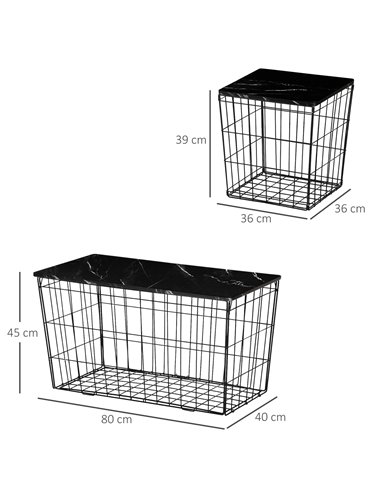 HOMCOM Coffee Table Set of 2 with Wire Storage Basket, Faux Marble Top, Black