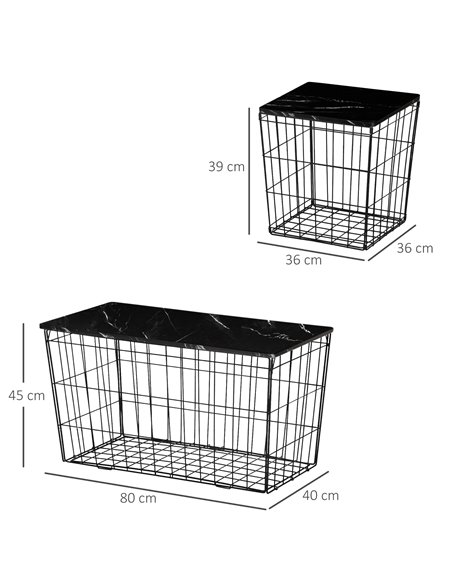 HOMCOM Coffee Table Set of 2 with Wire Storage Basket, Faux Marble Top, Black - pic 22400 | FastDaddyshop