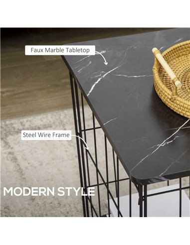 HOMCOM Coffee Table Set of 2 with Wire Storage Basket, Faux Marble Top, Black