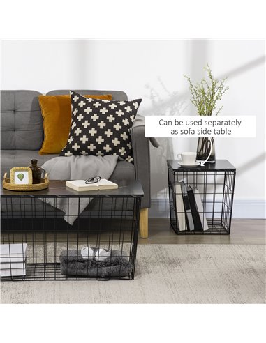 HOMCOM Coffee Table Set of 2 with Wire Storage Basket, Faux Marble Top, Black