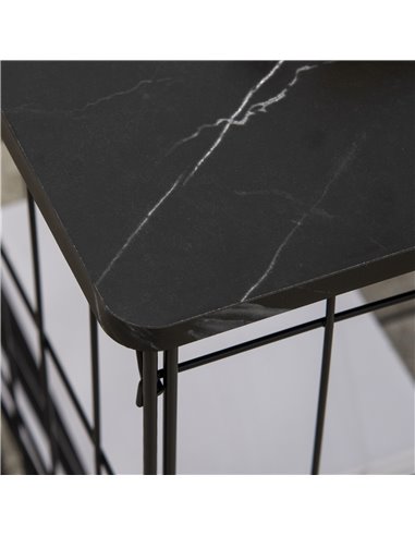 HOMCOM Coffee Table Set of 2 with Wire Storage Basket, Faux Marble Top, Black