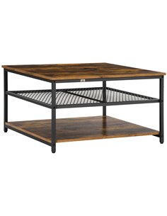 HOMCOM Industrial Coffee Table with 3-Tier Storage Shelves, Rustic Brown