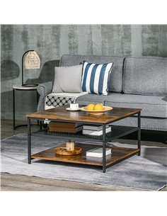 HOMCOM Industrial Coffee Table with 3-Tier Storage Shelves, Rustic Brown 2