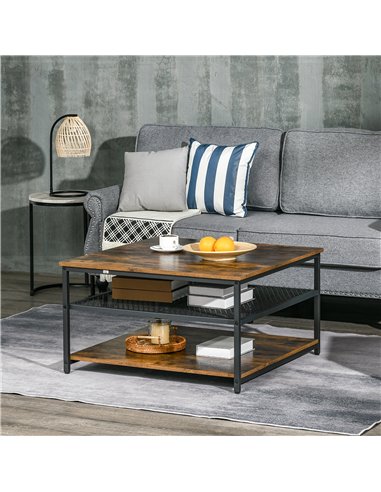 HOMCOM Industrial Coffee Table with 3-Tier Storage Shelves, Rustic Brown